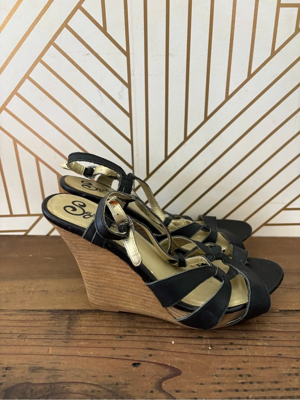 Seychelles Black and Gold Leather Wedge Sandals